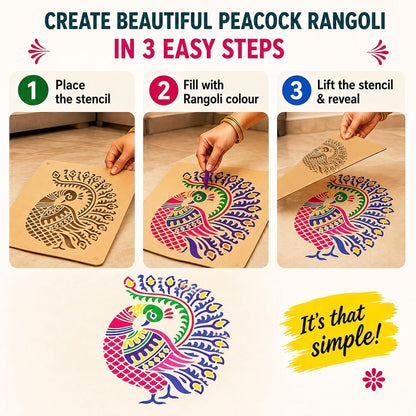 Peacock Rangoli Stencil Kit (8 Stencils + 6 Colours)