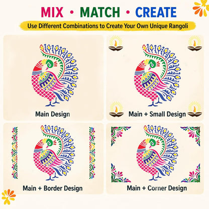 Peacock Rangoli Stencil Kit (8 Stencils + 6 Colours)