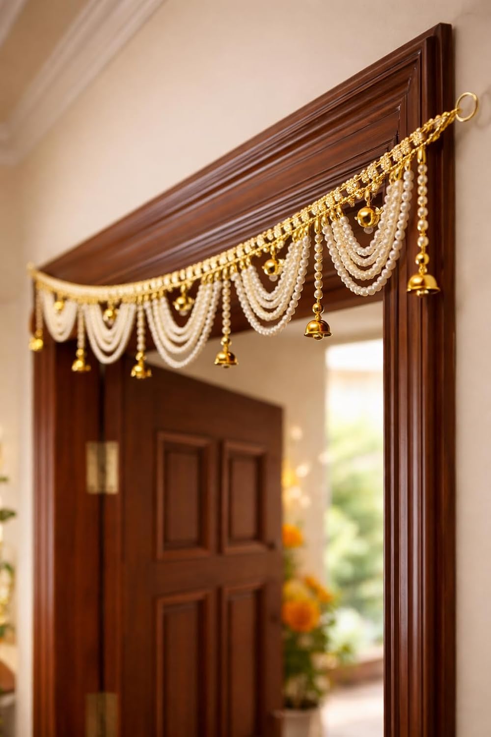 Pearl Beaded Door Toran with Bells, 3 Ft