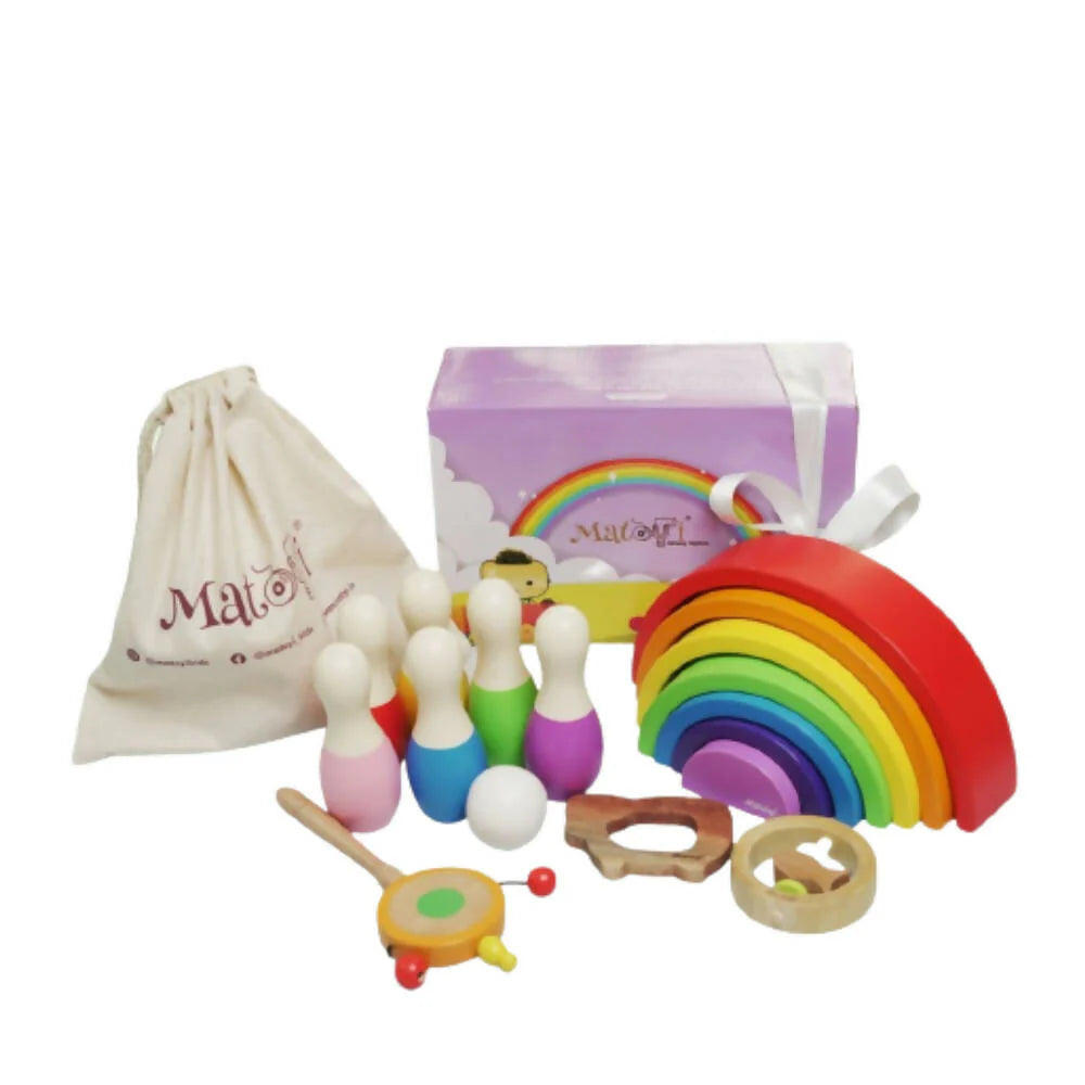 Matoyi Fish Rattle & Color Bowling Pin & Rainbow Stacker & Sheep Teether & Flat Disk Rattle For Kids -Combo Mytrendzcart