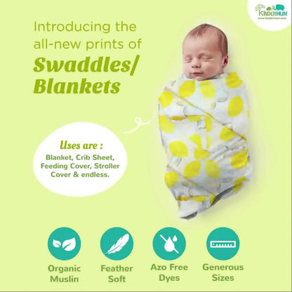 Kindermum Organic Cotton Muslin Swaddle Blanket 100 Cm X 100 Cm - Set Of 2 - Pista And Lemon -Large (0-12 Month) - Set of 2 Mytrendzcart