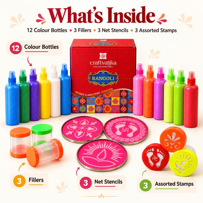 Rangoli Making Kit: 12 Colours, Stencils & Filler Stamps