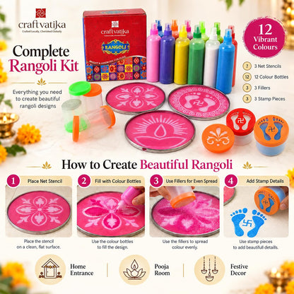 Rangoli Making Kit: 12 Colours, Stencils & Filler Stamps