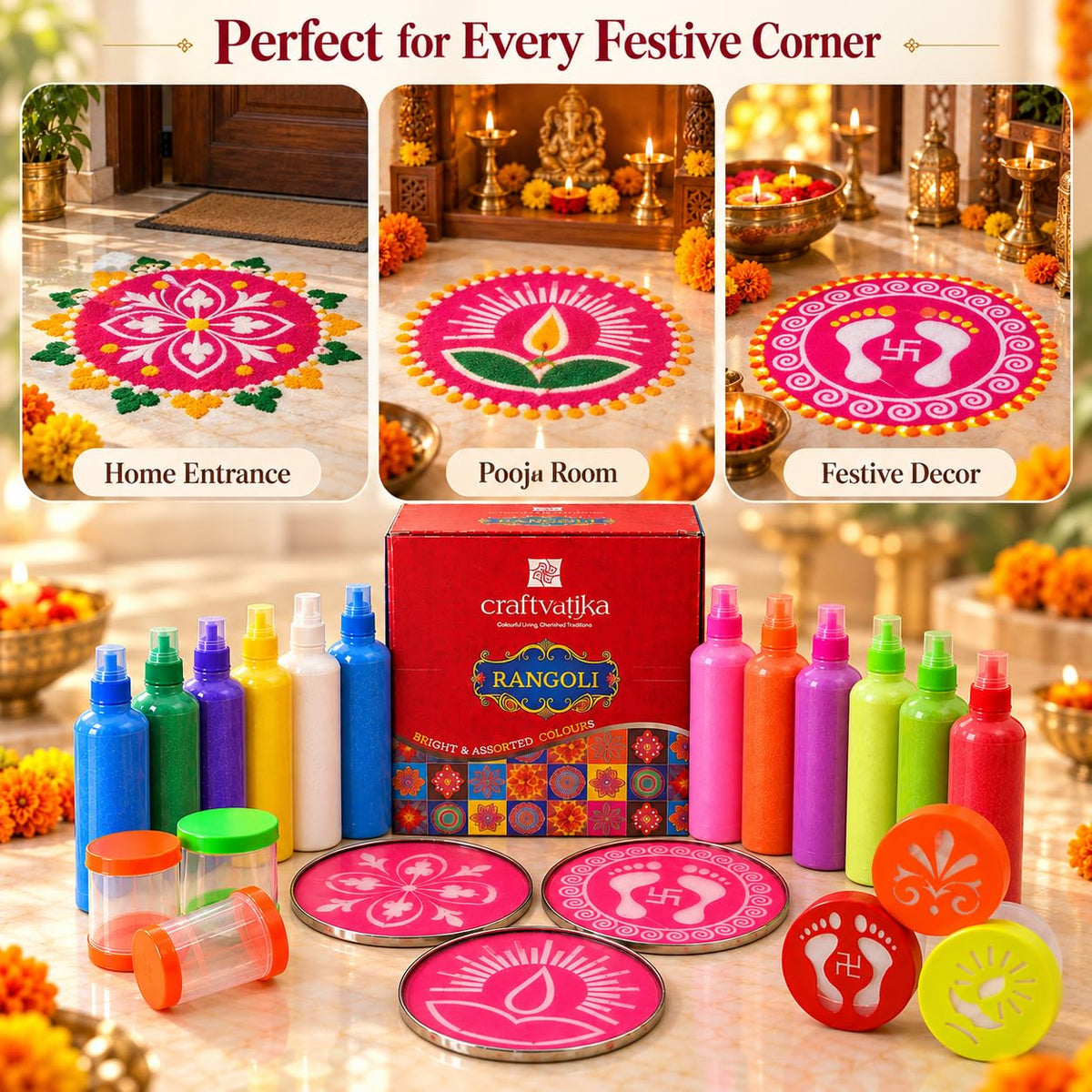 Rangoli Making Kit: 12 Colours, Stencils & Filler Stamps