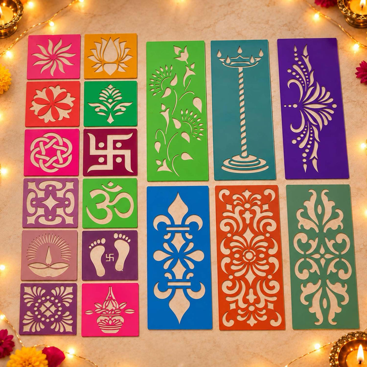 Rangoli Stamp & Stencil Kit (12 Designs + 6 Borders)