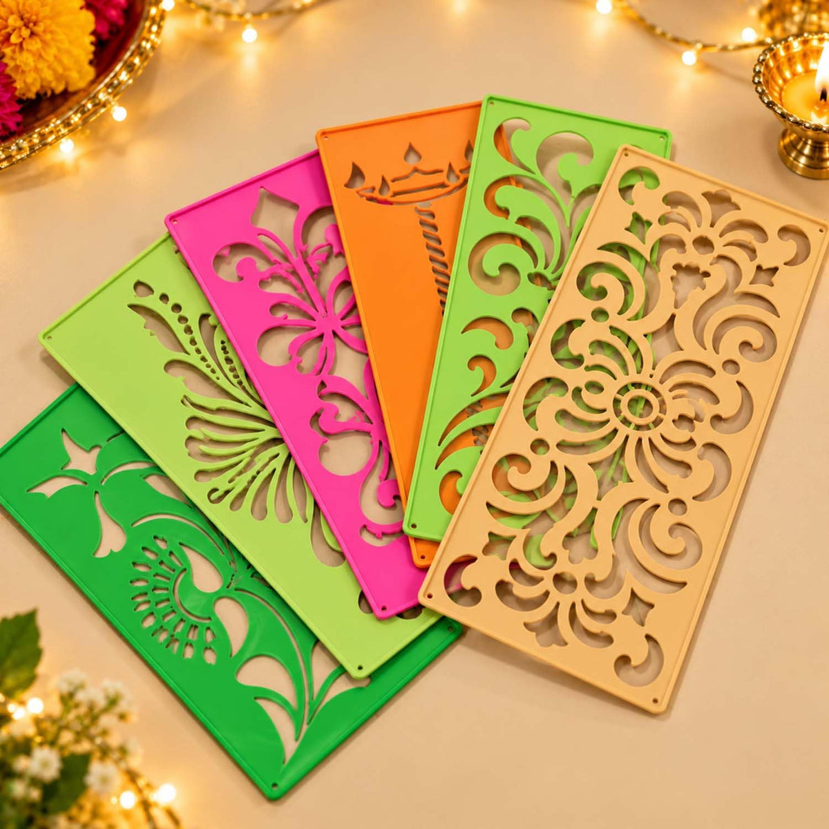 Rangoli Stamp & Stencil Kit (12 Designs + 6 Borders)