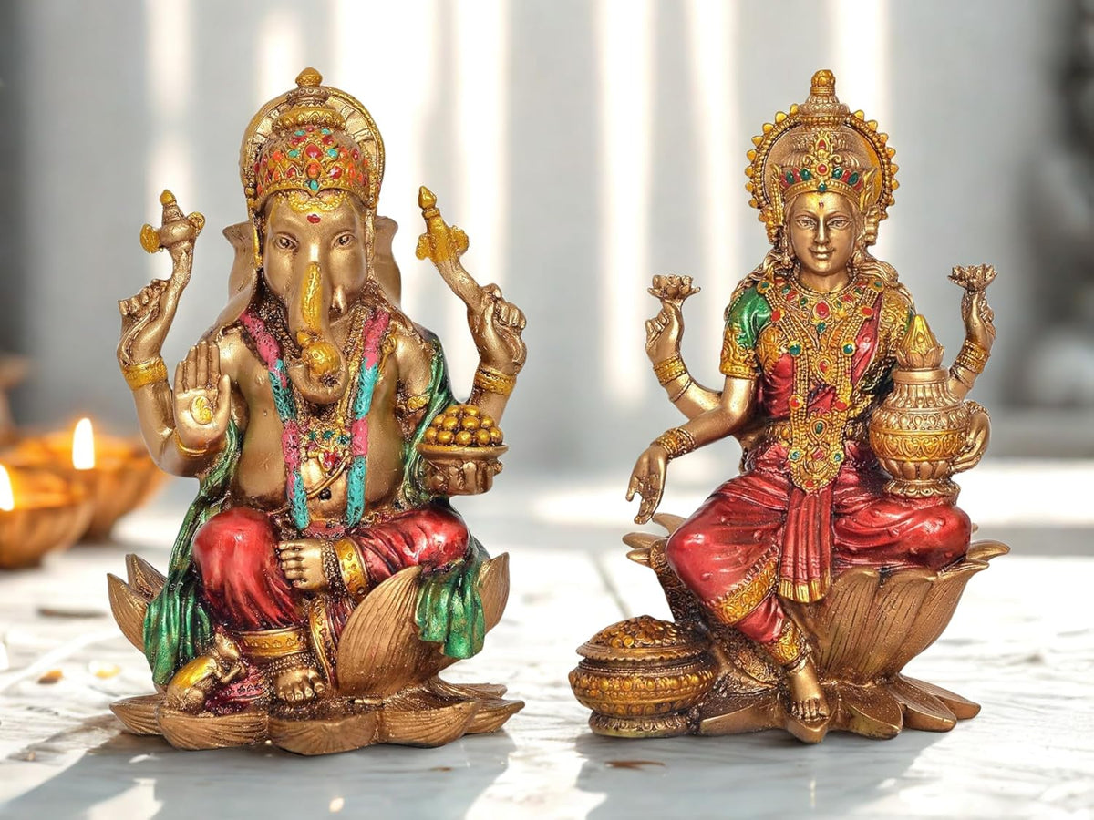 Handcrafted Resin Lakshmi & Ganesha Idol - 7 Inch