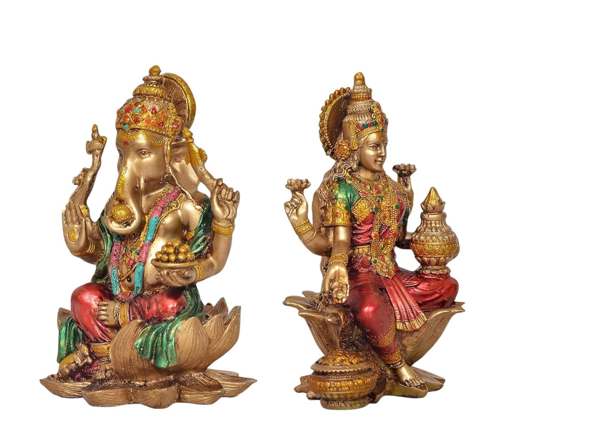 Handcrafted Resin Lakshmi & Ganesha Idol - 7 Inch