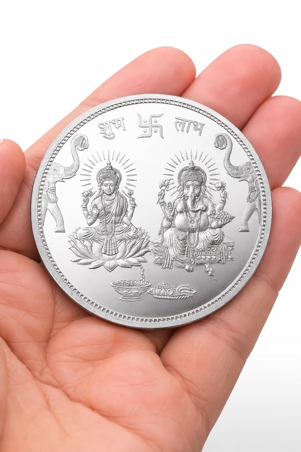 Silver Plated Lakshmi Ganesh Coin, 100 g (Shubh Labh)