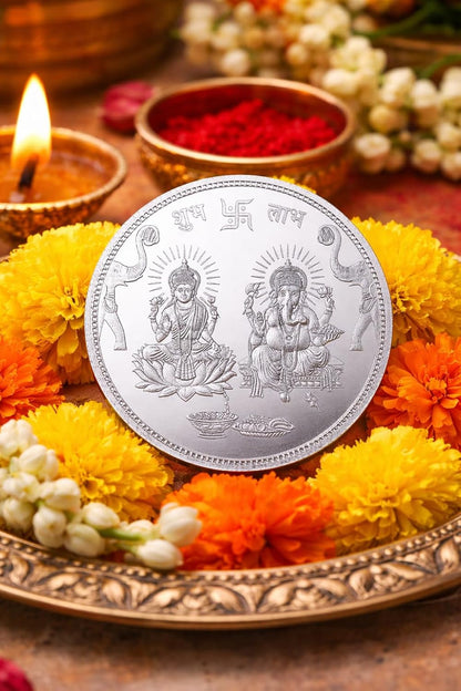 Silver Plated Lakshmi Ganesh Coin, 100 g (Shubh Labh)