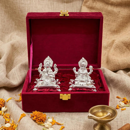 999 Silver Plated Lakshmi Ganesh Idol with Velvet Gift Box
