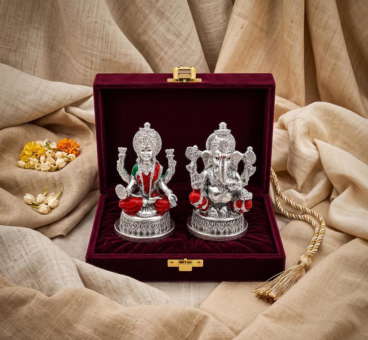 999 Silver Plated Lakshmi Ganesh Idol with Velvet Gift Box