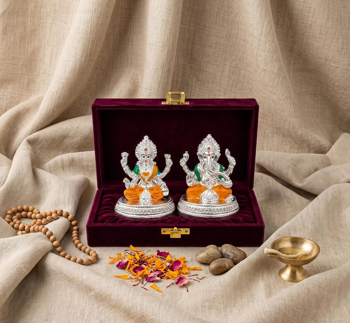 999 Silver Plated Lakshmi Ganesh Idol with Velvet Gift Box