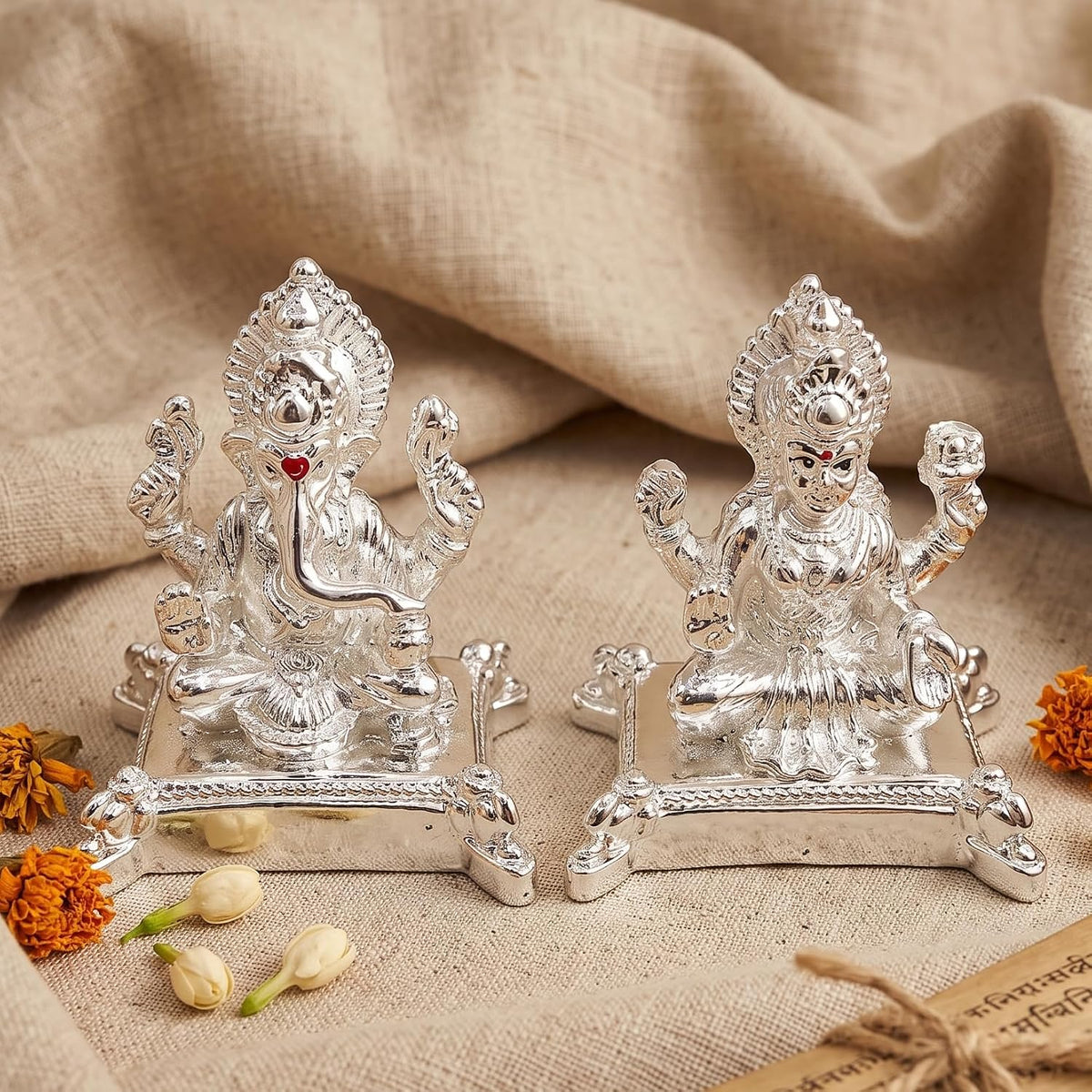 999 Silver Plated Lakshmi Ganesh Idol with Velvet Gift Box