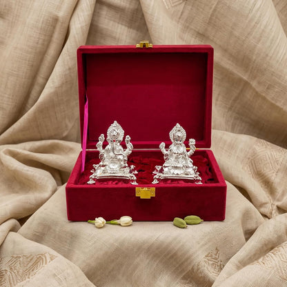 999 Silver Plated Lakshmi Ganesh Idol with Velvet Gift Box