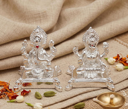 999 Silver Plated Lakshmi Ganesh Idol with Velvet Gift Box
