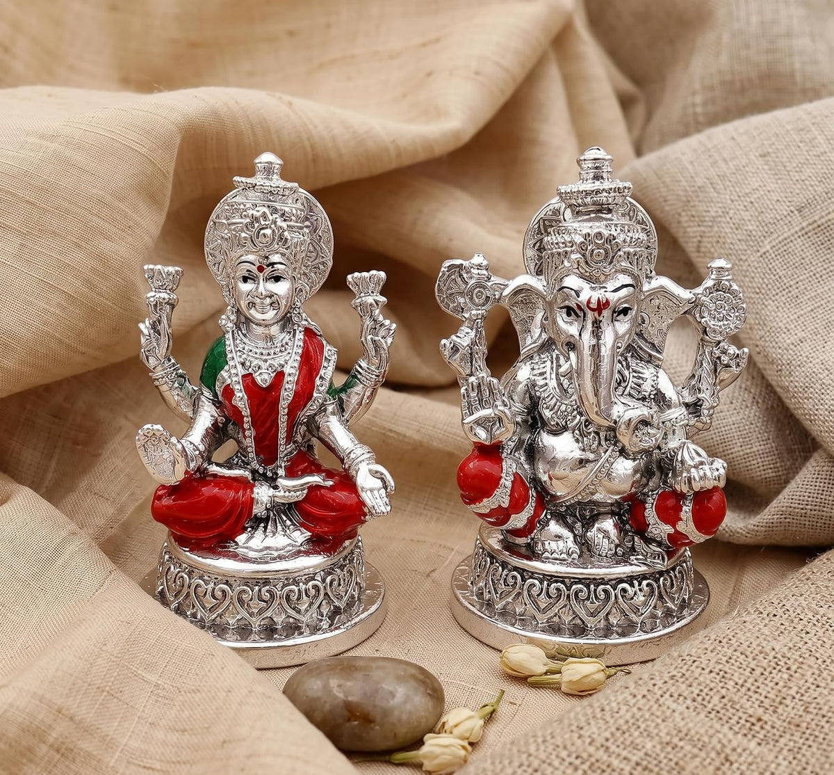 999 Silver Plated Lakshmi Ganesh Idol with Velvet Gift Box