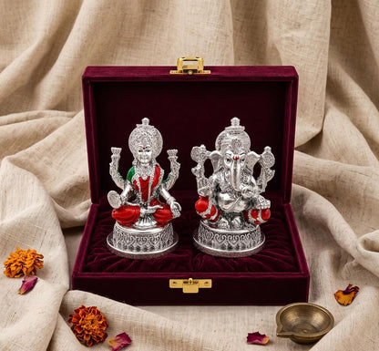 999 Silver Plated Lakshmi Ganesh Idol with Velvet Gift Box