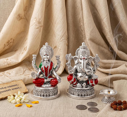 999 Silver Plated Lakshmi Ganesh Idol with Velvet Gift Box