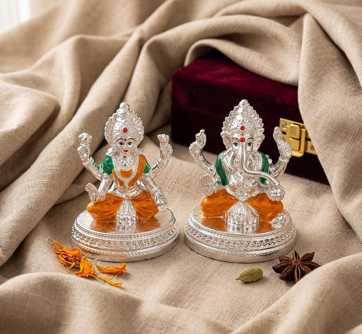 999 Silver Plated Lakshmi Ganesh Idol with Velvet Gift Box
