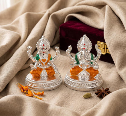 999 Silver Plated Lakshmi Ganesh Idol with Velvet Gift Box