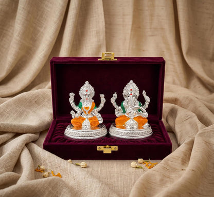999 Silver Plated Lakshmi Ganesh Idol with Velvet Gift Box