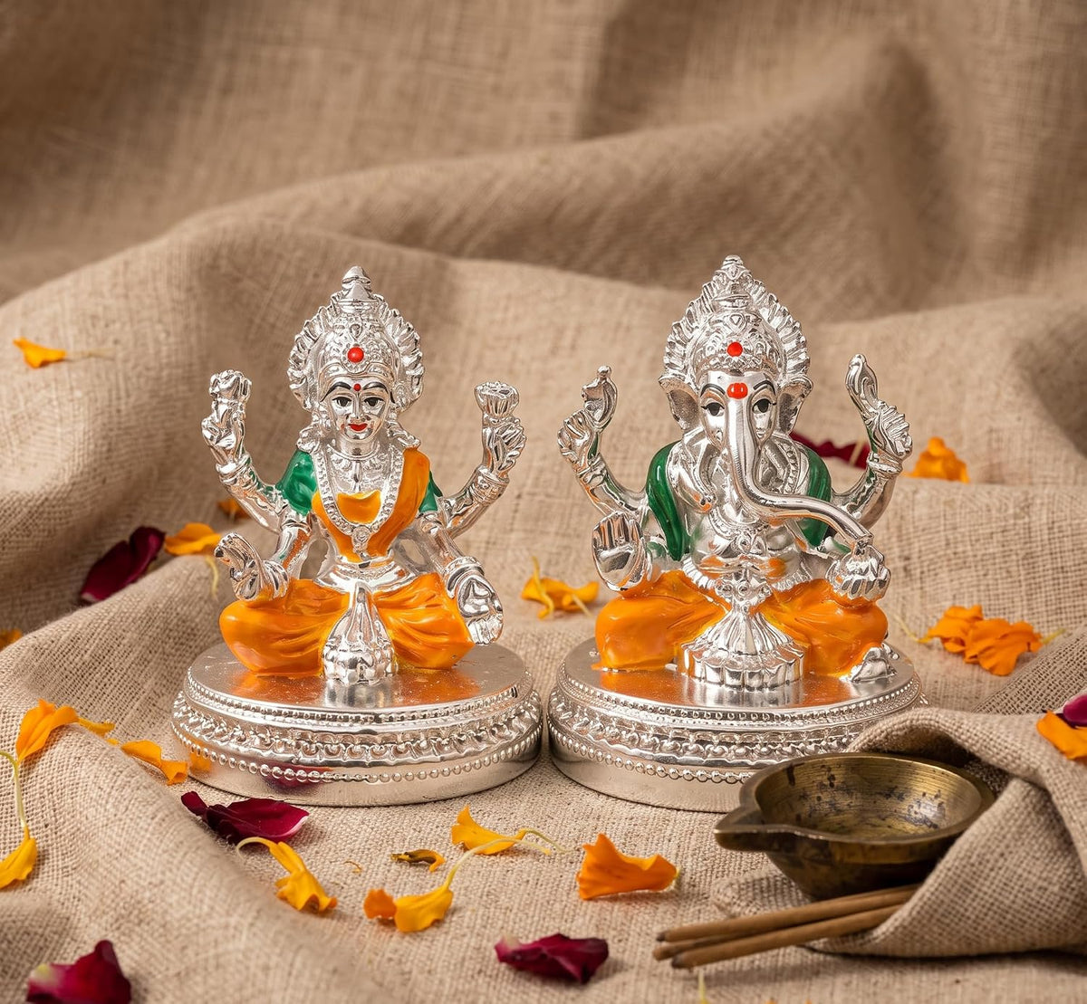 999 Silver Plated Lakshmi Ganesh Idol with Velvet Gift Box