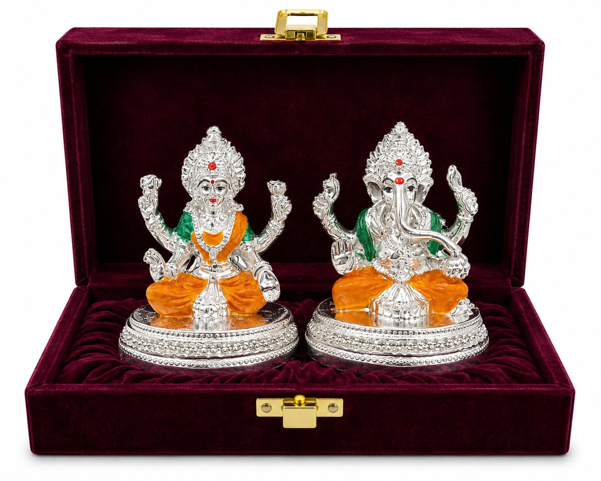 999 Silver Plated Lakshmi Ganesh Idol with Velvet Gift Box