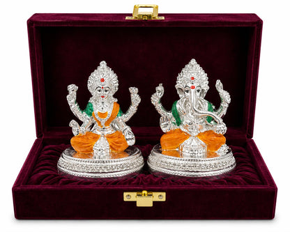 999 Silver Plated Lakshmi Ganesh Idol with Velvet Gift Box