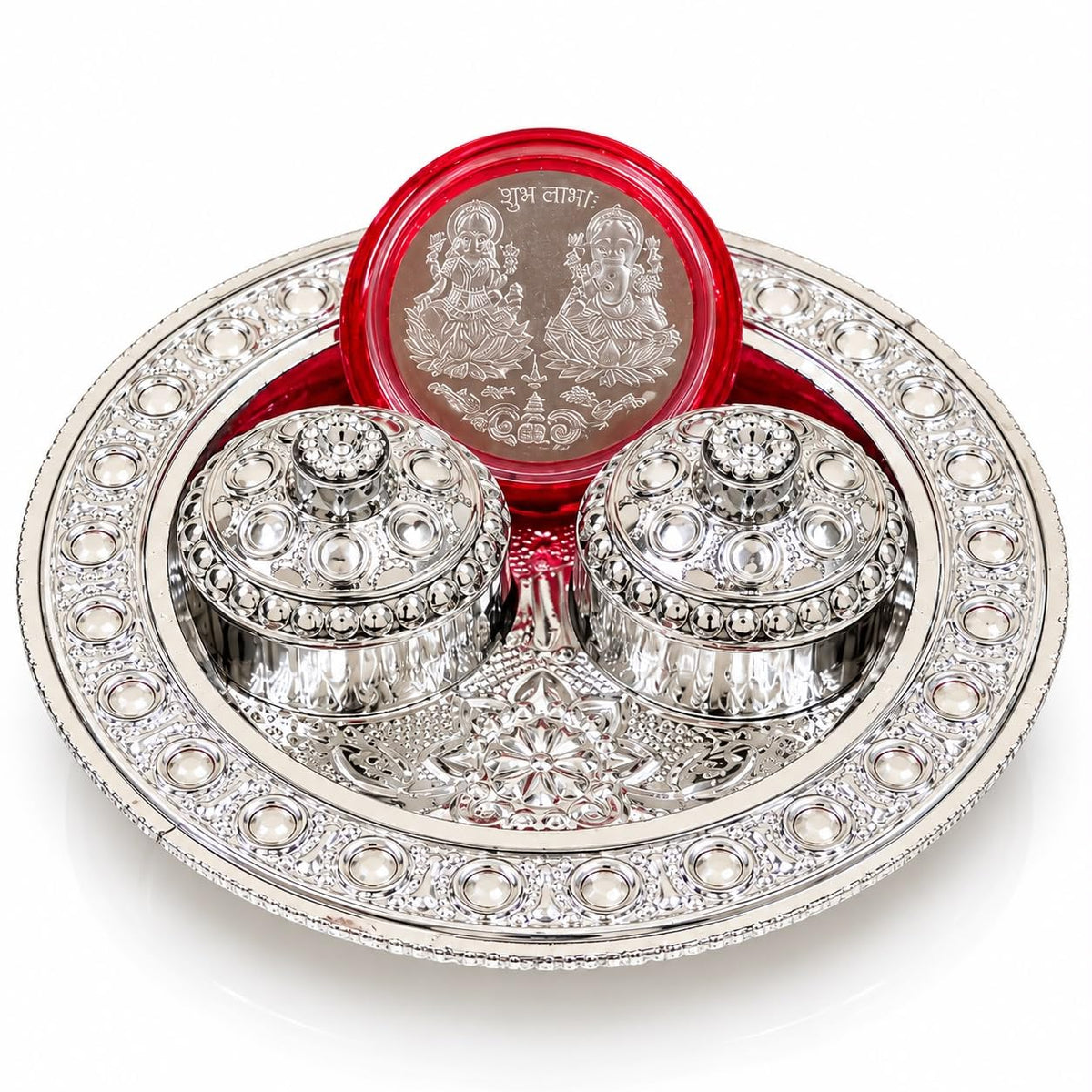 Silver Plated Pooja Thali Set with 2 Covered Bowls & Lakshmi Ganesh Coin