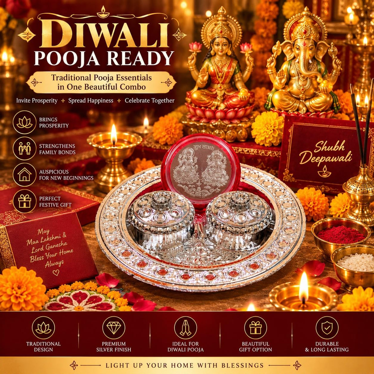 Silver Plated Pooja Thali Set with 2 Covered Bowls & Lakshmi Ganesh Coin