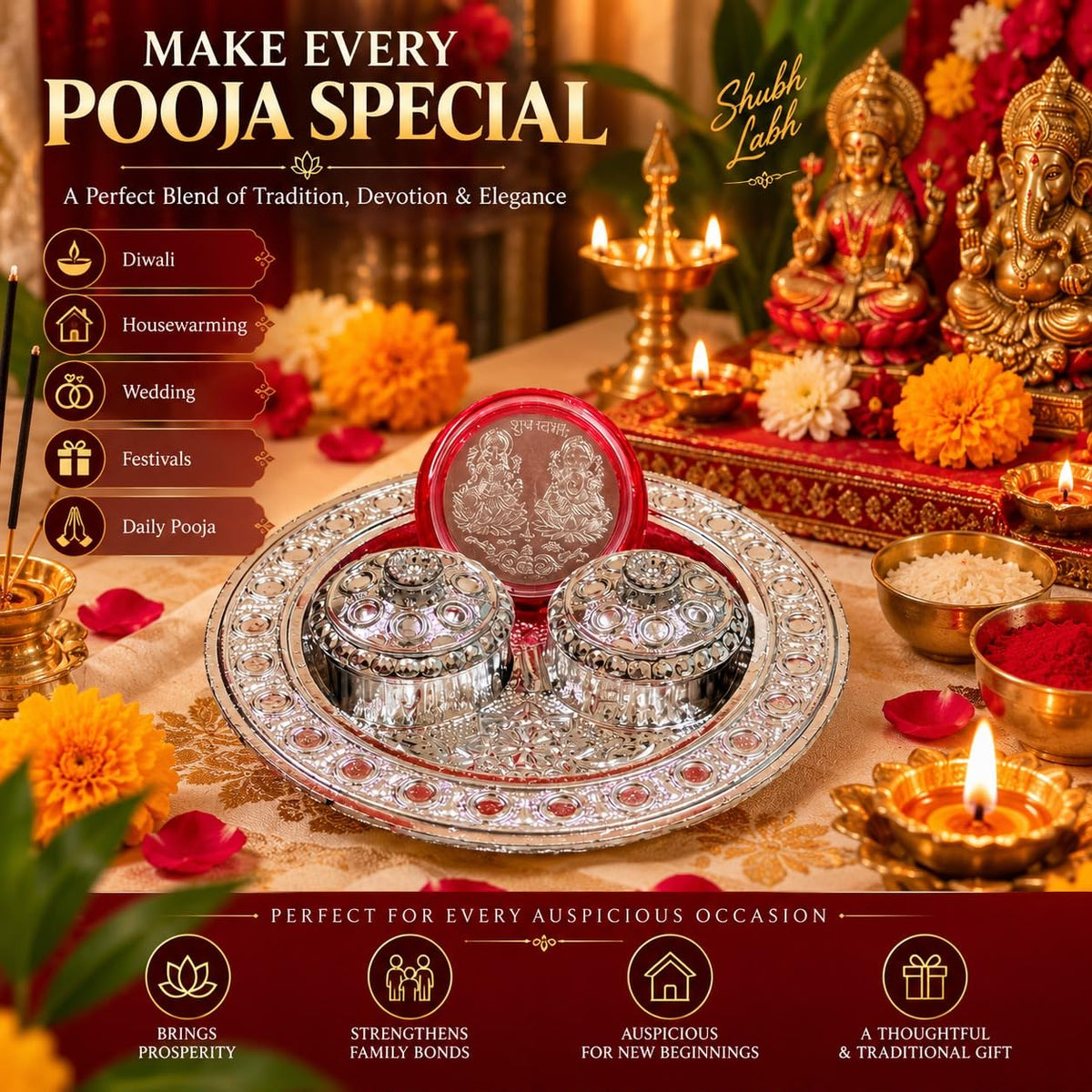 Silver Plated Pooja Thali Set with 2 Covered Bowls & Lakshmi Ganesh Coin
