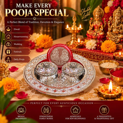 Silver Plated Pooja Thali Set with 2 Covered Bowls & Lakshmi Ganesh Coin