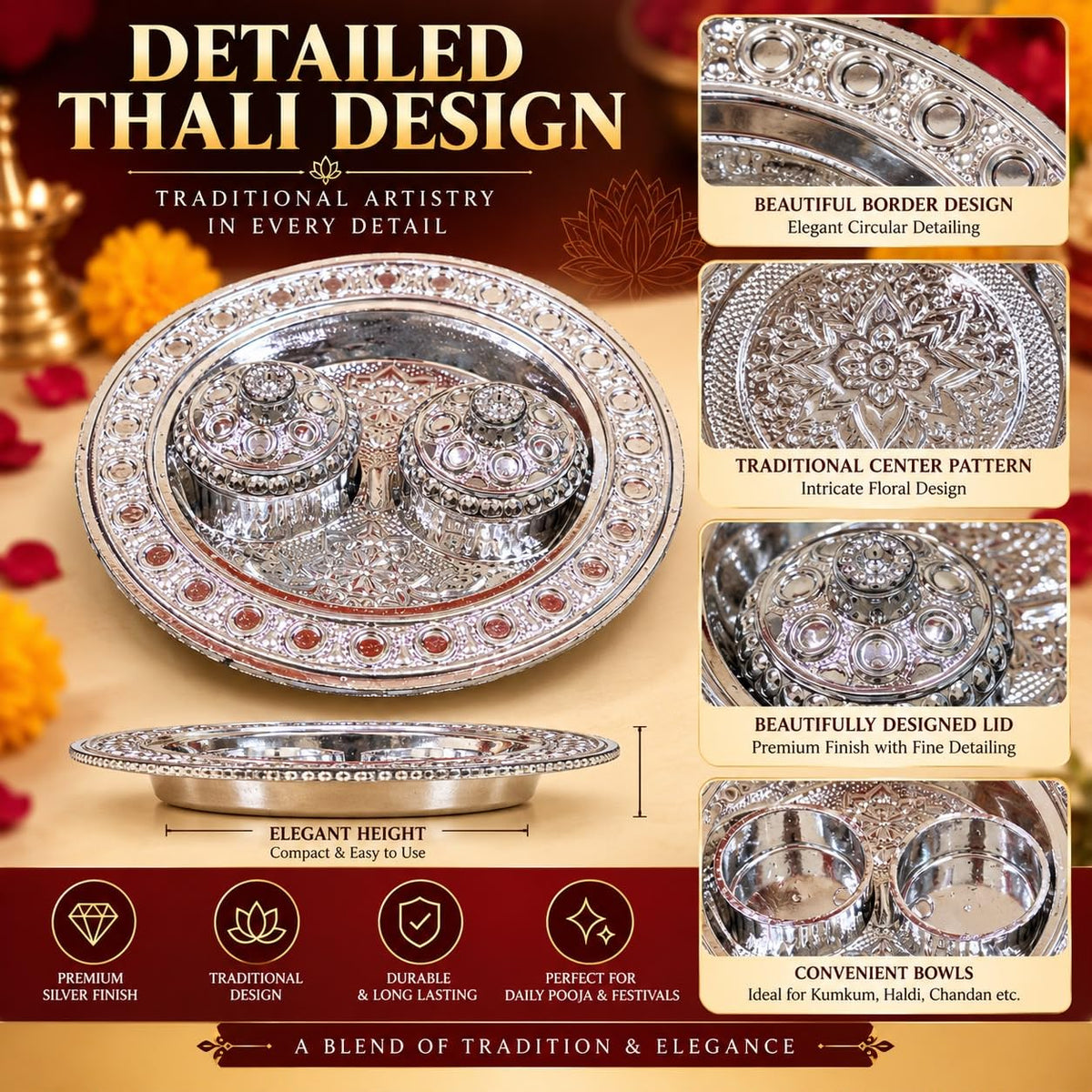 Silver Plated Pooja Thali Set with 2 Covered Bowls & Lakshmi Ganesh Coin