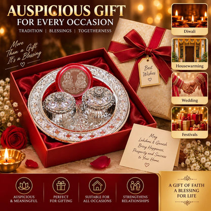 Silver Plated Pooja Thali Set with 2 Covered Bowls & Lakshmi Ganesh Coin