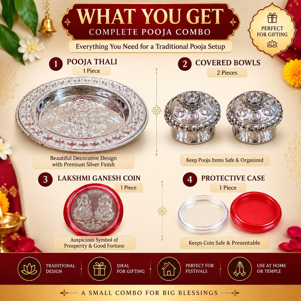 Silver Plated Pooja Thali Set with 2 Covered Bowls & Lakshmi Ganesh Coin