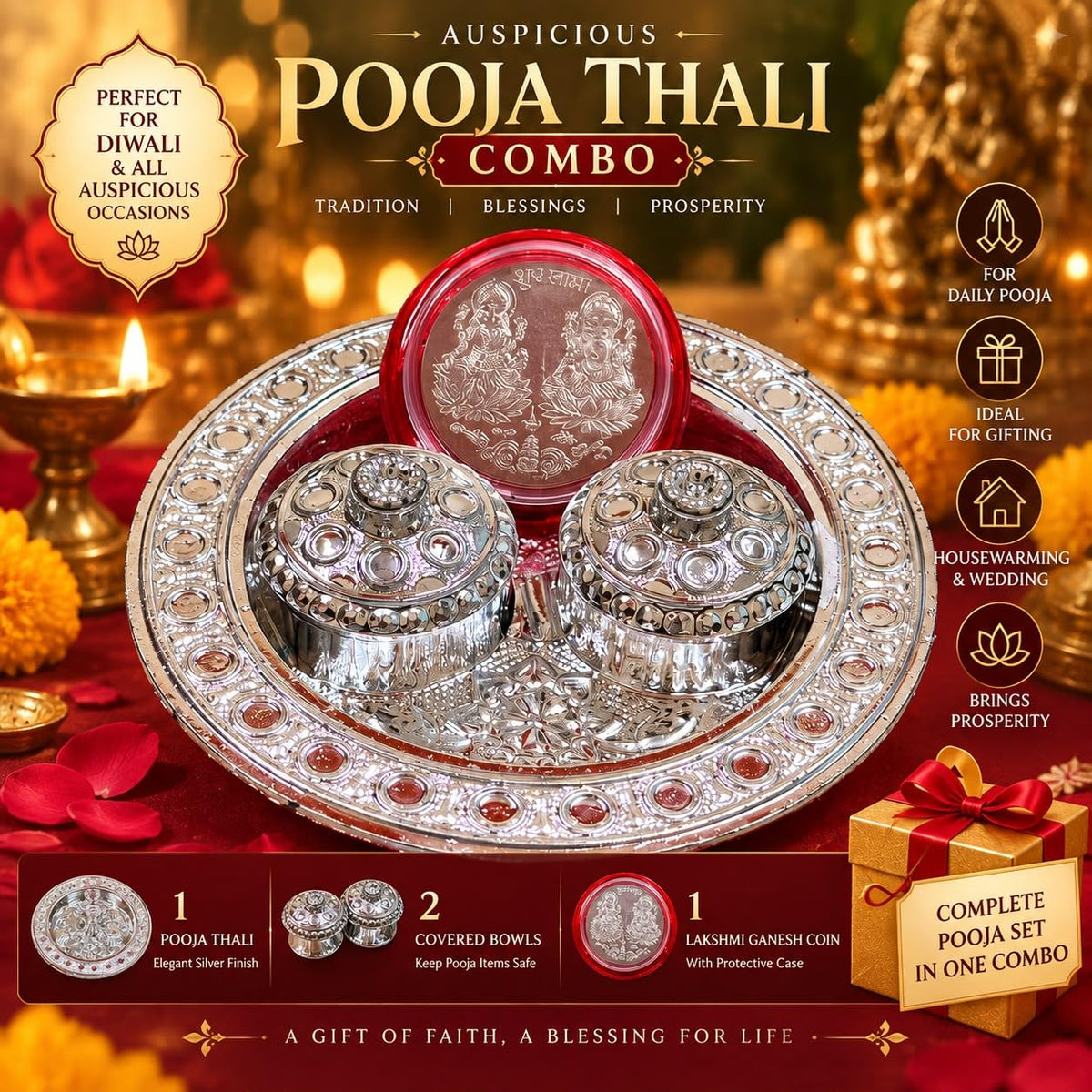 Silver Plated Pooja Thali Set with 2 Covered Bowls & Lakshmi Ganesh Coin