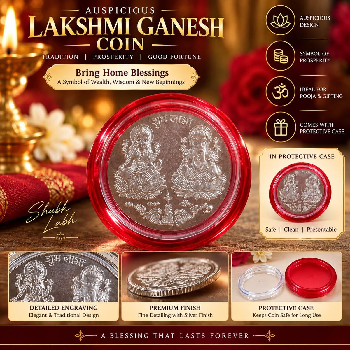 Silver Plated Pooja Thali Set with 2 Covered Bowls & Lakshmi Ganesh Coin