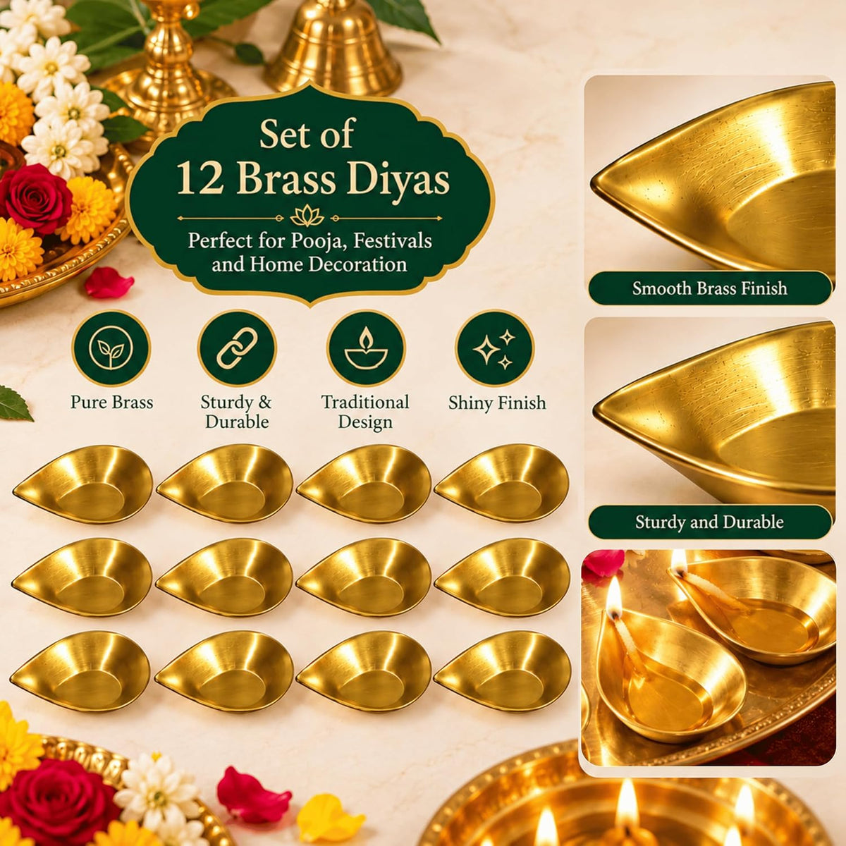 Small Brass Pooja Diyas (Set of 12)