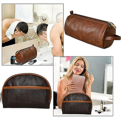 SNDIA 2 - Set PU Leather Toiletry Travel Bags for Men and Women, Shaving Kit Bag, Makeup Cosmetic Pouch for Women and Men (Him & Her) Brown (18CM x 23CM x 7CM) - (24 CM x 15CM x 10CM) - Mytrendzcart