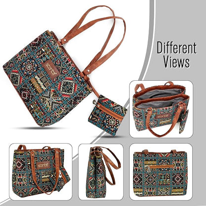 Storite Women's Tote Bag With Leather Handles & Embroidery Printed Handbag With Zip Pockets, Shoulder Tote Bag And Handbag For Office And College (30x25x9.5Cm), Multicolor - Mytrendzcart