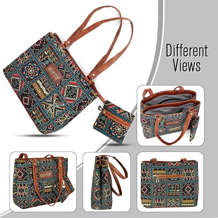 Storite Women's Tote Bag With Leather Handles & Embroidery Printed Handbag With Zip Pockets, Shoulder Tote Bag And Handbag For Office And College (30x25x9.5Cm), Multicolor - Mytrendzcart