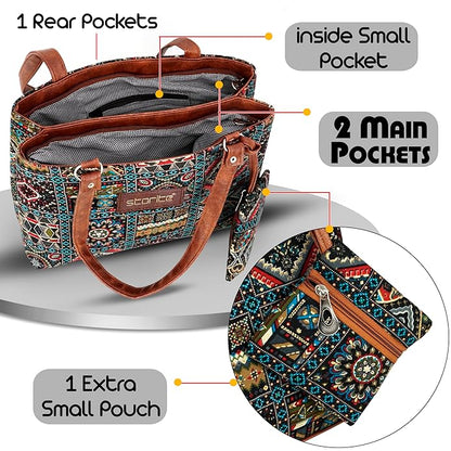 Storite Women's Tote Bag With Leather Handles & Embroidery Printed Handbag With Zip Pockets, Shoulder Tote Bag And Handbag For Office And College (30x25x9.5Cm), Multicolor - Mytrendzcart