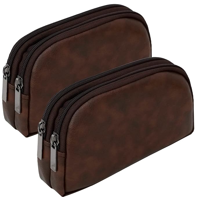 TULMAN PU Leather Toiletry Bag for Travelling Shaving Kit Makeup Cosmetic Organizer Pouch – Brown - 20 x 11 x 4.5 cm - Unisex (2 Pack) - Mytrendzcart