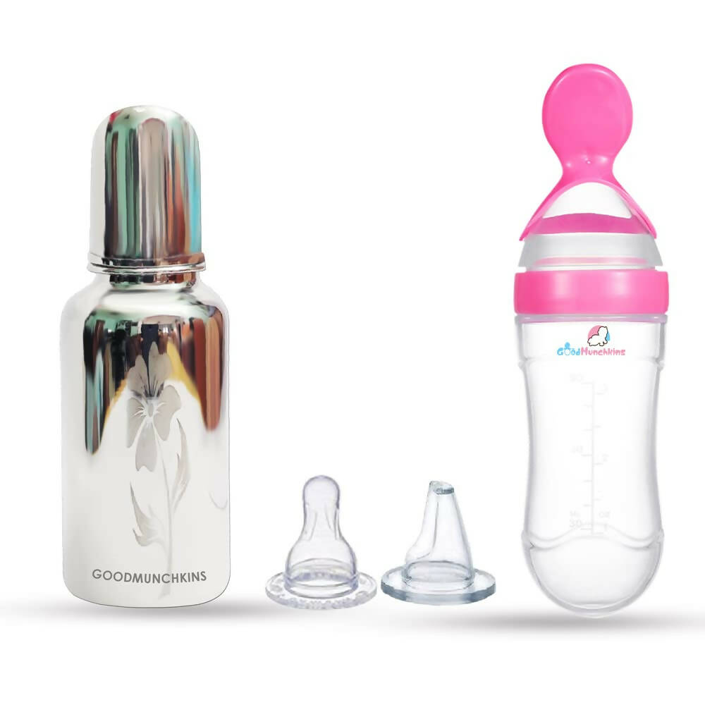 Goodmunchkins Stainless Steel Feeding Bottle & Spoon Food Feeder Anti Colic Silicone Nipple Combo-(Pink,220ml) - Mytrendzcart