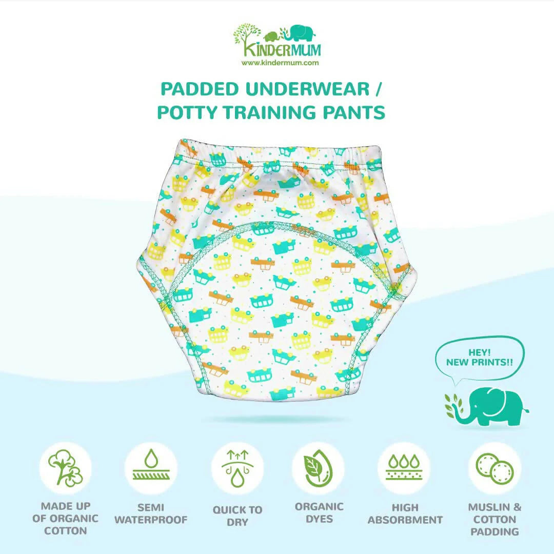 Kindermum Cotton Padded Pull Up Training Pants/Padded Underwear For Kids Peachy Star & Green Car-Set of 2 pcs -Small (7-9 Kgs) - set of 2 Mytrendzcart