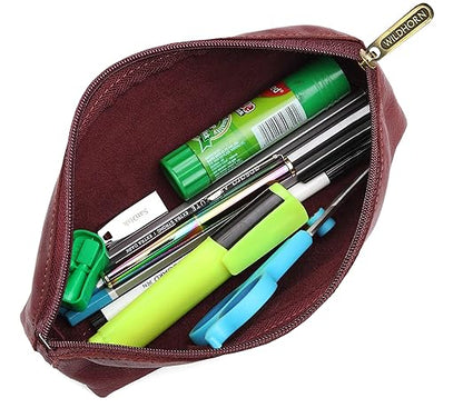 WildHorn Leather Stationery Stylish Simple Pencil Bag Durable Compact Zipper Pencil Utility Case Pouch (Maroon), Brown - Mytrendzcart