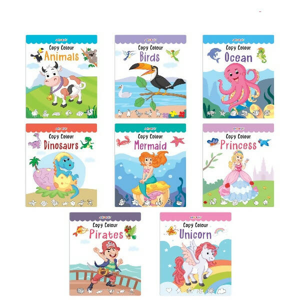 Jolly Kids Copy Colour Books Set of 8| Colouring Books: Animals, Flowers, Dinosaurs, Mermaid, Ocean, Pirates, Princess & Unicorn| Ages 3-10 years - Mytrendzcart